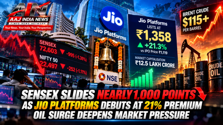 Sensex Slides Nearly 1,000 Points as Jio Platforms Debuts at 21% Premium; Oil Surge Deepens Market Pressure